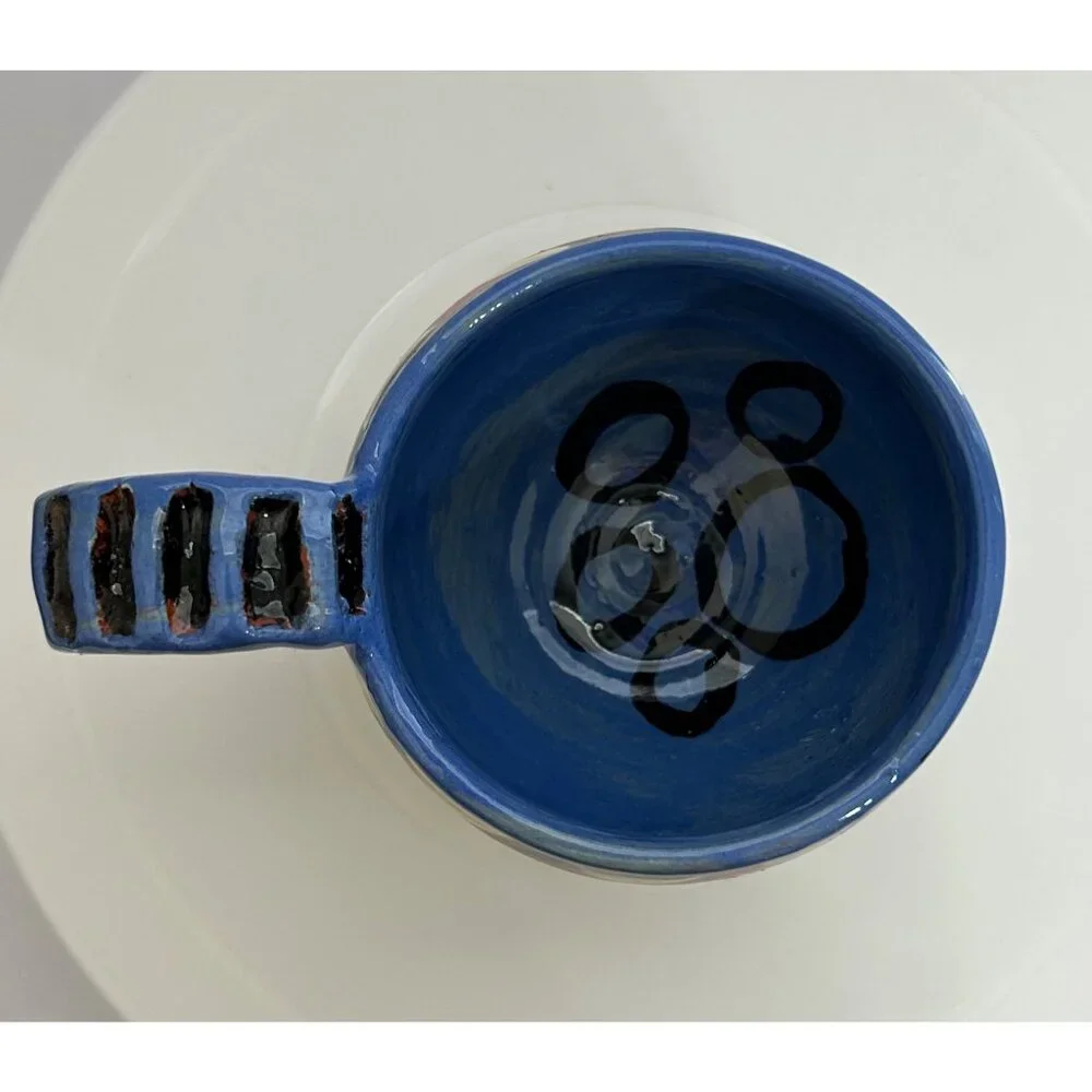 Handmade Pottery Cat Mug Sculpted Legs & Handle Blue Brown Black Whimsical Fun - Picture 5 of 9